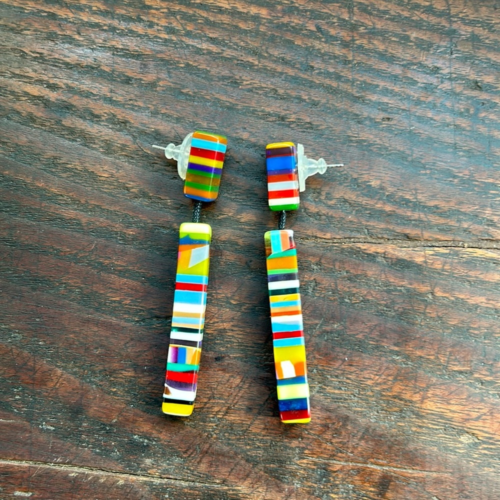 French colorful rainbow stripes long earrings